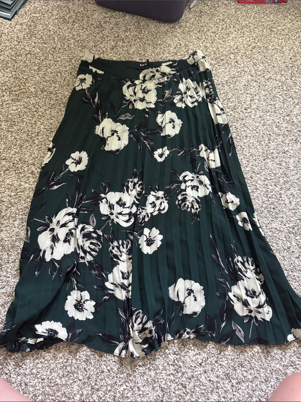 DKNY Dark Green Pleated Midi Skirt with White Floral Print